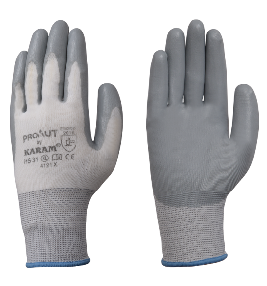 KARAM ProKut Multi Purpose White Polyester with Grey Nitrile Coating Glove, HS31