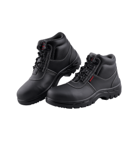 KARAM ISI Marked Buff Black Grain Leather High Ankle Safety Shoe with Single Density & Steel Toe | Anti-Static, Anti-Slip, Oil & Heat Resistant | Black | FS232BL(SWSAMN)