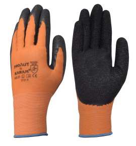 KARAM ProKut Multi Purpose Orange Polyester with Black Latex Crinkle Coating Glove, HS01