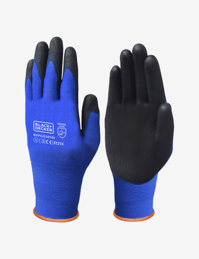 BLACK+DECKER Blue & Black Polyurethane Coated Gloves, BXPG0340IN