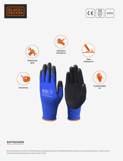 Heavy-duty PU-coated gloves by Black+Decker . Reliable hand protection for various tasks.
