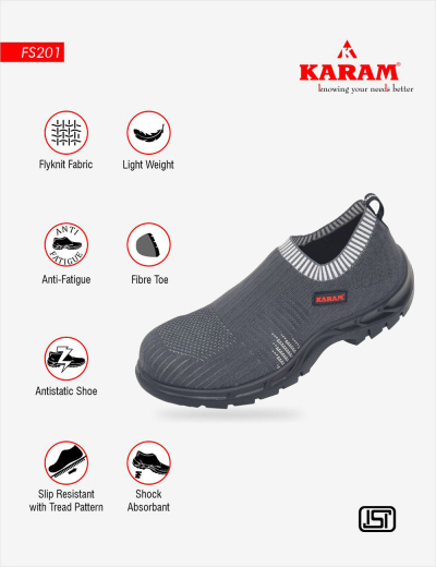 Grey Sporty Safety shoes: Flytex FS201. Breathable, comfortable, anti-static. Oil resistant safety footwear.