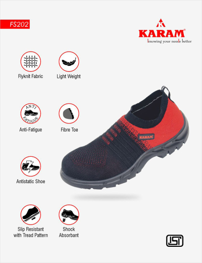Red and black FS202 safety shoes, sporty, comfortable, lightweight, anti-static, composite toe. Ideal safety footwear.
