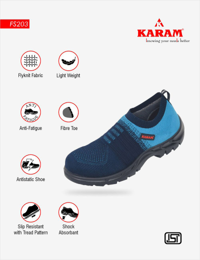 Flytex Safety Shoes: Black & Blue, Sporty, Breathable, Lightweight, Comfortable, Heat Resistant, Anti-static. Protect your feet with style.