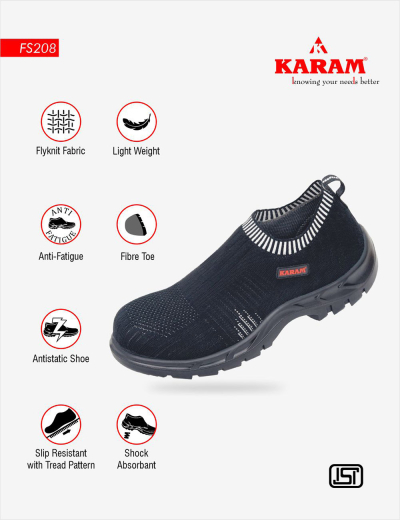 Black Sporty Safety Shoes: Breathable, Comfortable, Lightweight with Anti-static, Composite Toe, Flytex, Heat-Resistant features.
