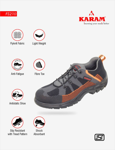 Black Sporty Safety Shoes: Flytex Lightweight, Breathable, Comfortable with Composite Toe, Anti-static & Heat-Resistant features