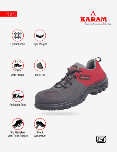 Red and Grey Safety Shoes: FS213 model, breathable and comfortable, with anti-static and heat-resistant features, ensuring optimal protection and style.