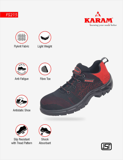 Red and Black Safety Shoes: Stylish, protective footwear combining bold colors, ideal for men seeking safety with a touch of flair.