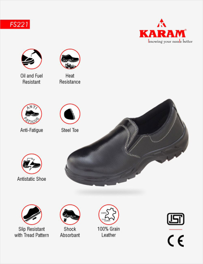 Protect your feet with KARAM anti-static safety shoes. Steel toe, heat-resistant, breathable, black leather, FS221 compliant.