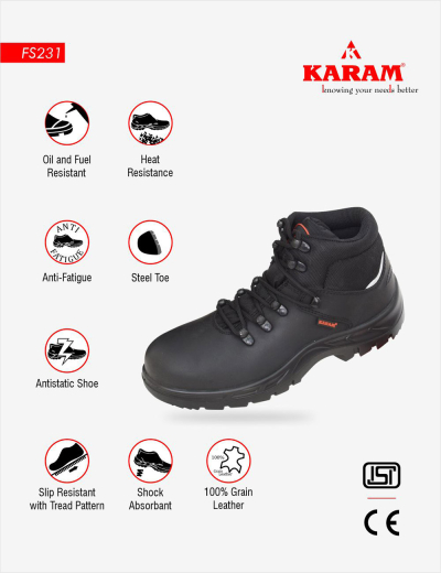 KARAM black leather safety shoes offer high ankle, steel toe, anti-static, heat-resistant, breathable protection. FS231 approved for peace of mind.
