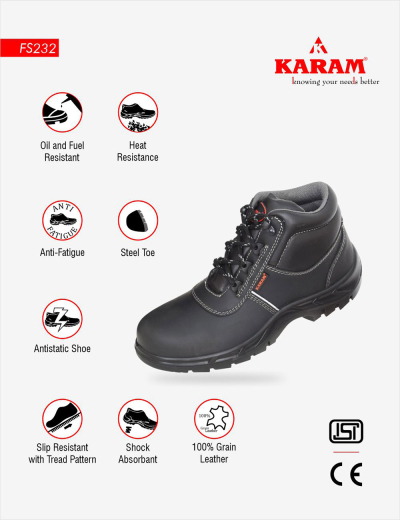 Step into safety with KARAM black leather safety shoes. High ankle, steel toe, anti-static, heat-resistant, and breathable design.
