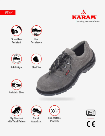 Experience comfort in FS64 grey leather safety shoes with steel toes. Lightweight, antistatic, and crafted for men safety and comfort.