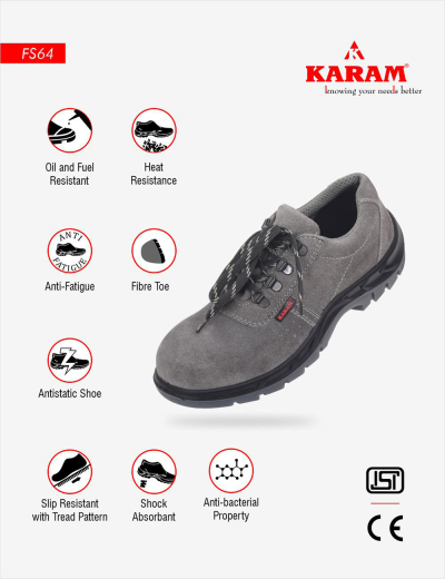 FS64 Safety shoes: Grey leather, lightweight, fiber toe for men. Comfortable, antistatic, leather safety shoes designed for optimal performance.