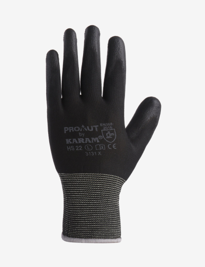 Black PU coated hand gloves for ultimate safety (HS22). Protective gloves for secure handling.